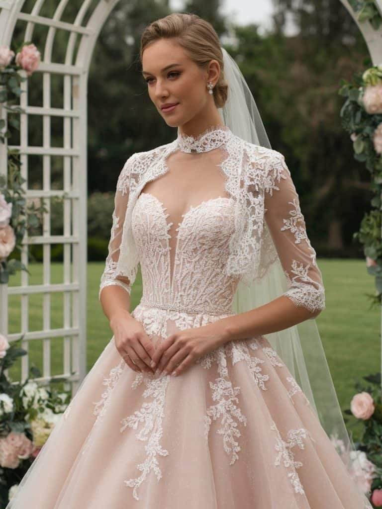 Timeless high-neck wedding dress with a flattering A-line silhouette, ideal for any wedding theme