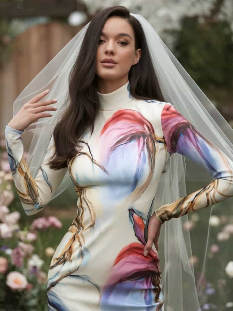 High-neck wedding dress with hand-painted details, creating a unique blend of fashion and art for a creative bridal look