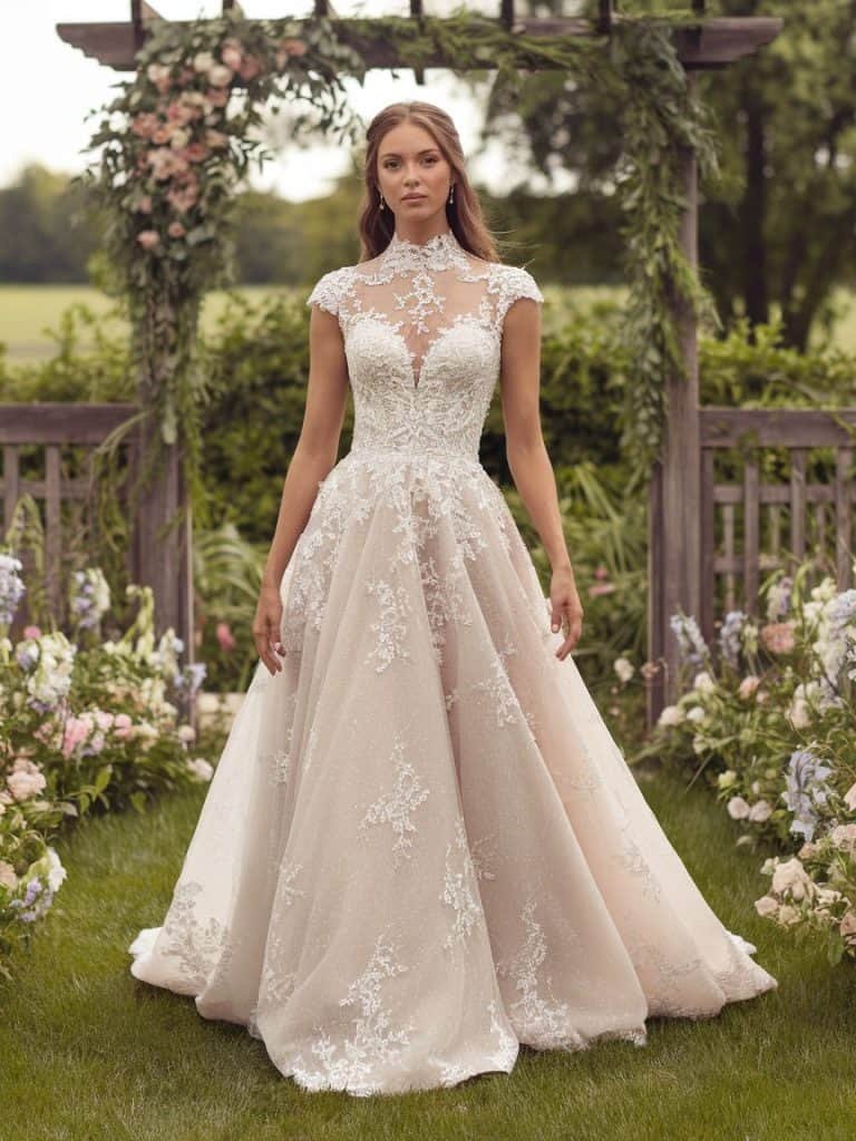 Lace High-Neck Wedding Dress with delicate cap sleeves and intricate lace details, perfect for rustic weddings