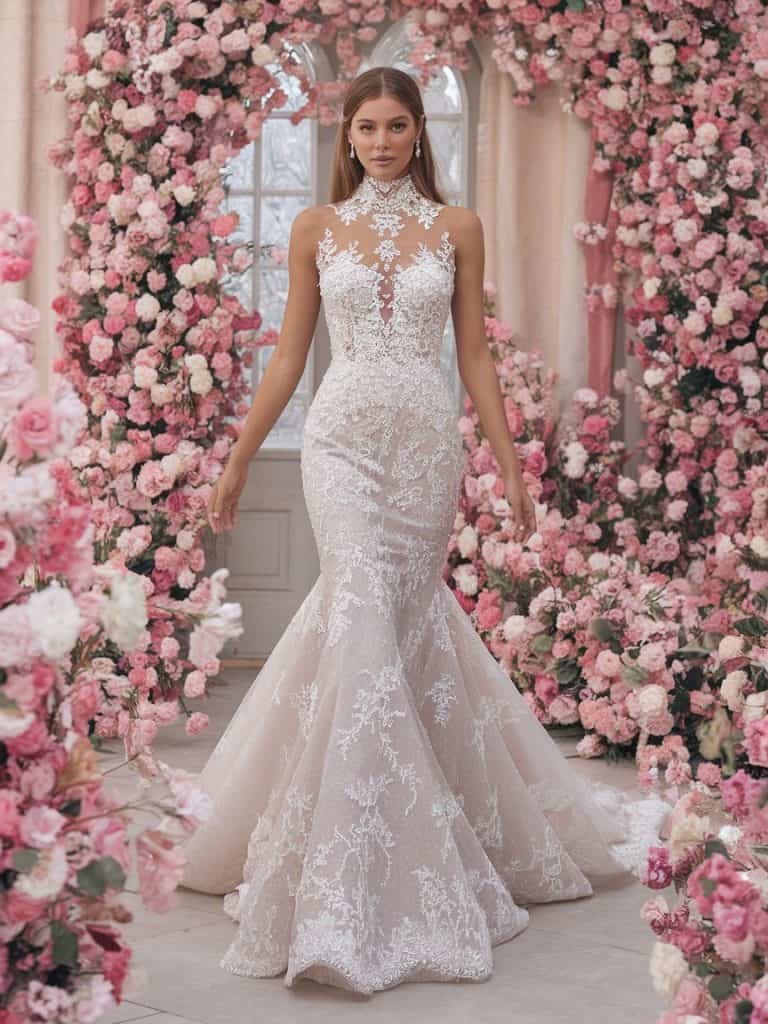 Romantic Pronovias bridal gown with high-neck lace detailing, A-line silhouette, and mermaid elements, blending traditional and modern bridal styles.