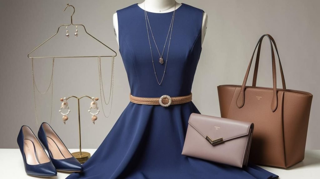 Layered necklaces and bold statement jewelry displayed alongside a fit and flare dress, ideal for adding a relaxed or evening-ready vibe