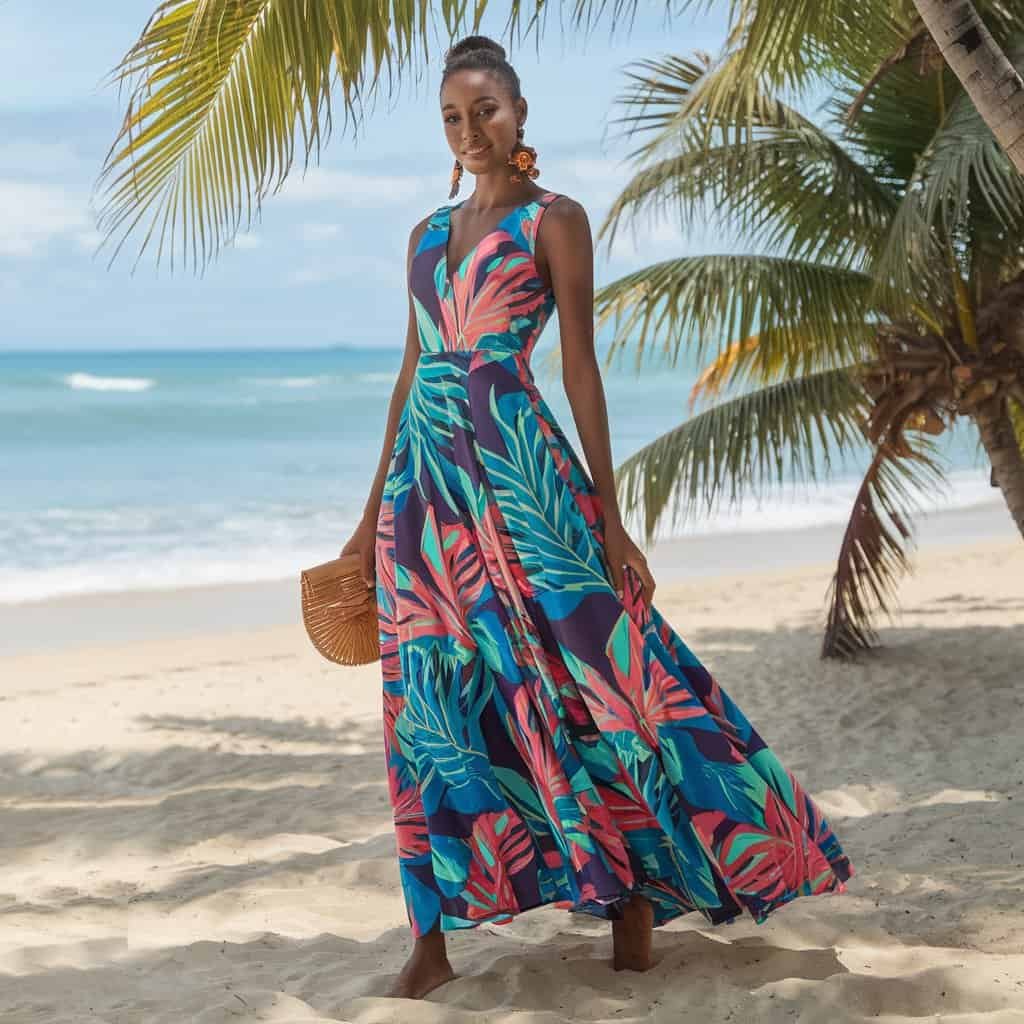 Woman wearing Vibrant Maxi Flare Dress on a tropical beach with flowing fabric and bright colors