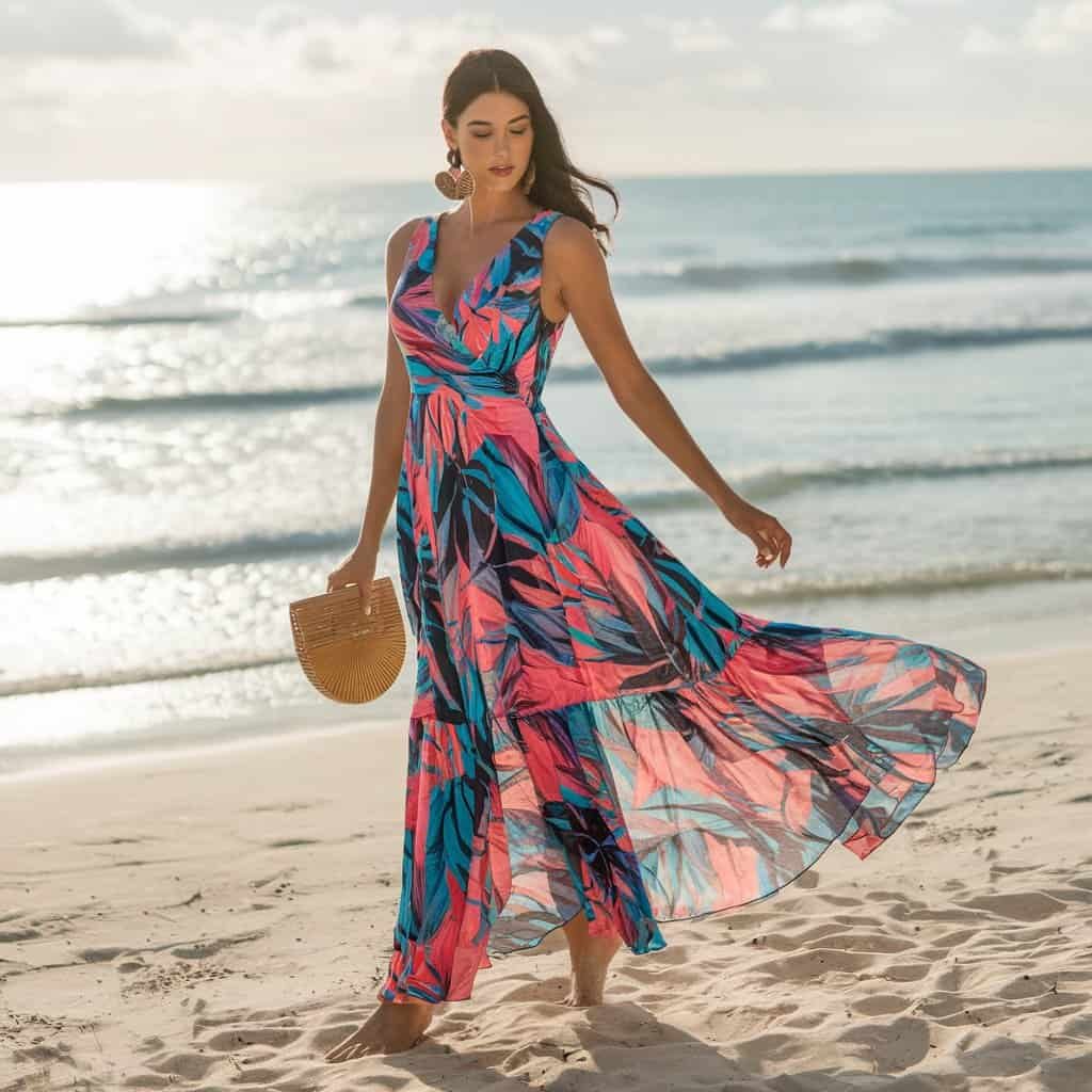 Floor-length Vibrant Maxi Flare Dress with bold patterns, perfect for summer weddings