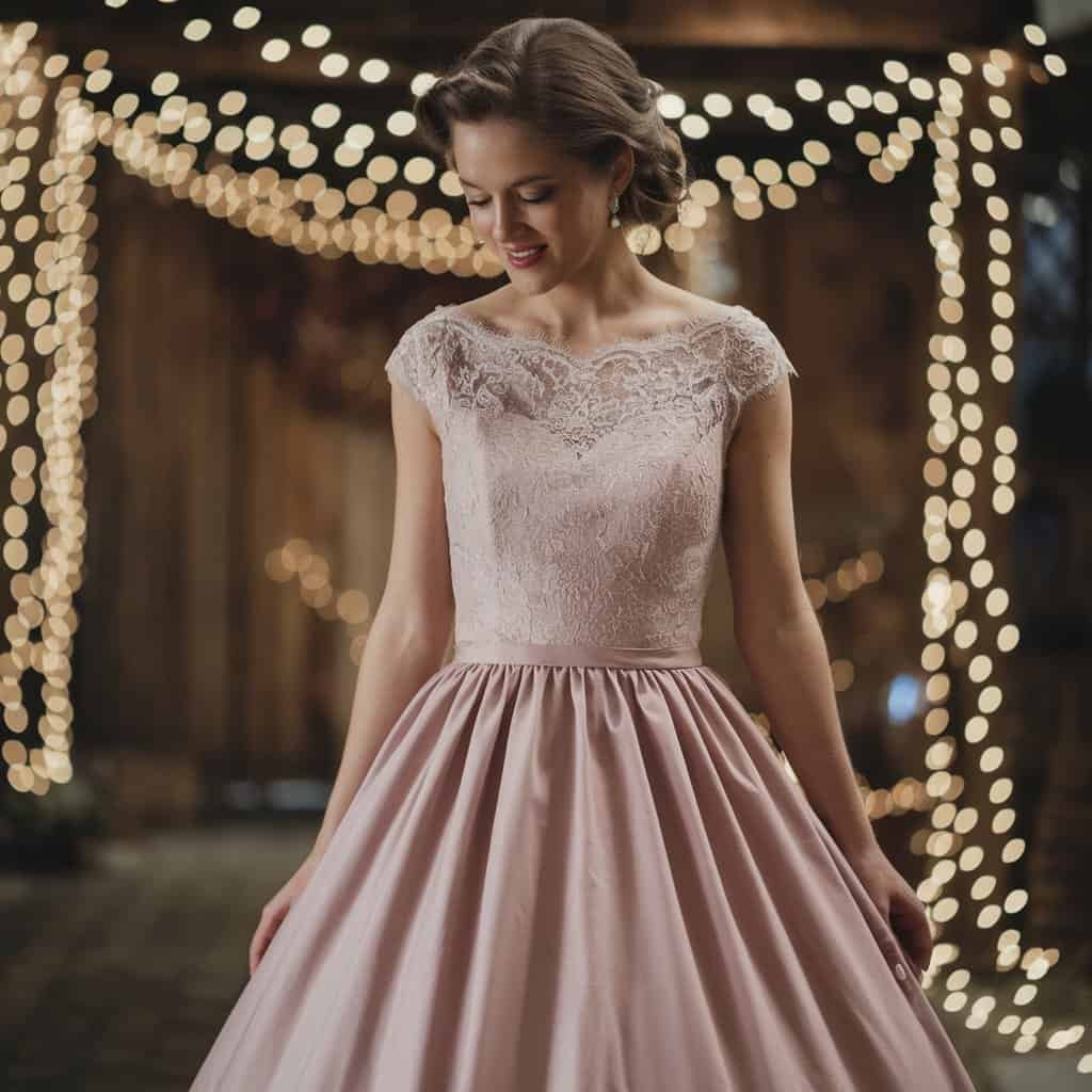 Bride wearing a dusty pink blush wedding dress with an elegant ball gown silhouette, exuding old-world charm.