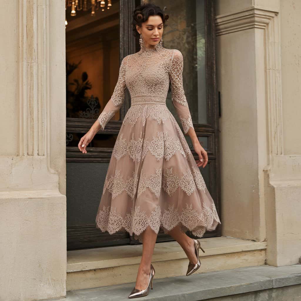 Close-up of intricate lace overlay on Elegant Lace Overlay Flare Dress for formal occasions