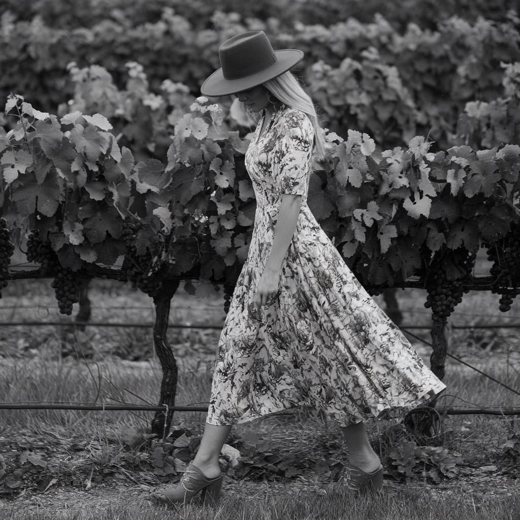 Flattering Vintage Floral Maxi Fit and Flare Dress styled with chunky heels for a retro look.