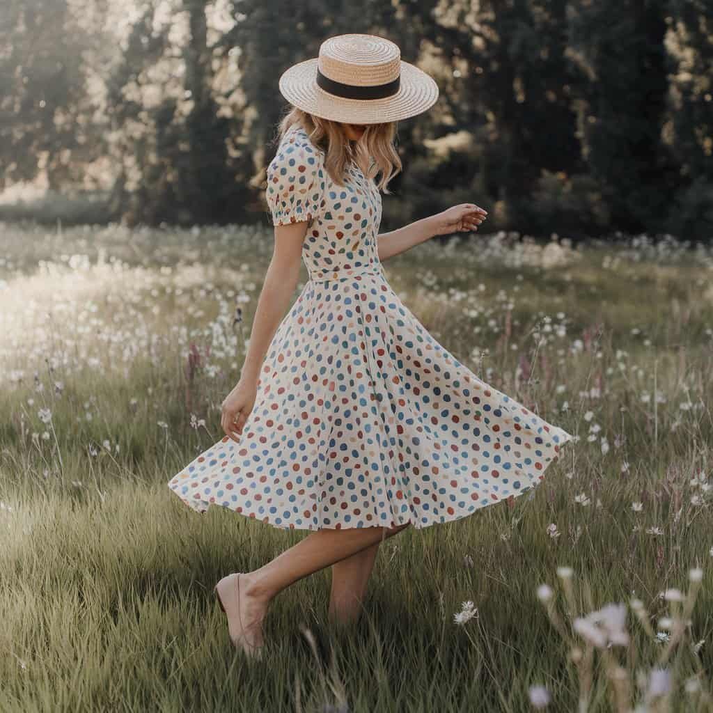 Close-up of Polka Dot Fit and Flare Dress, combining classic pattern with flattering A-line silhouette
