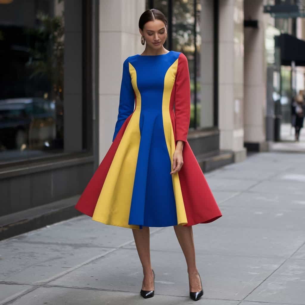 Woman wearing a Bold Colorblock Fit and Flare Dress, accessorized with simple pumps for a clean and stylish look