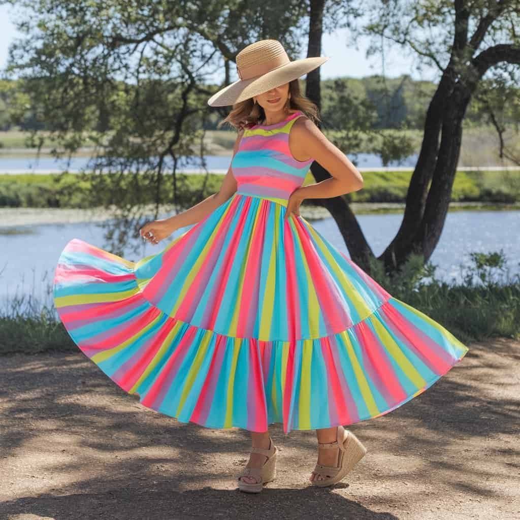 Horizontal stripes on Bold Striped Wonder Flare Dress creating a fun, youthful summer vibe.