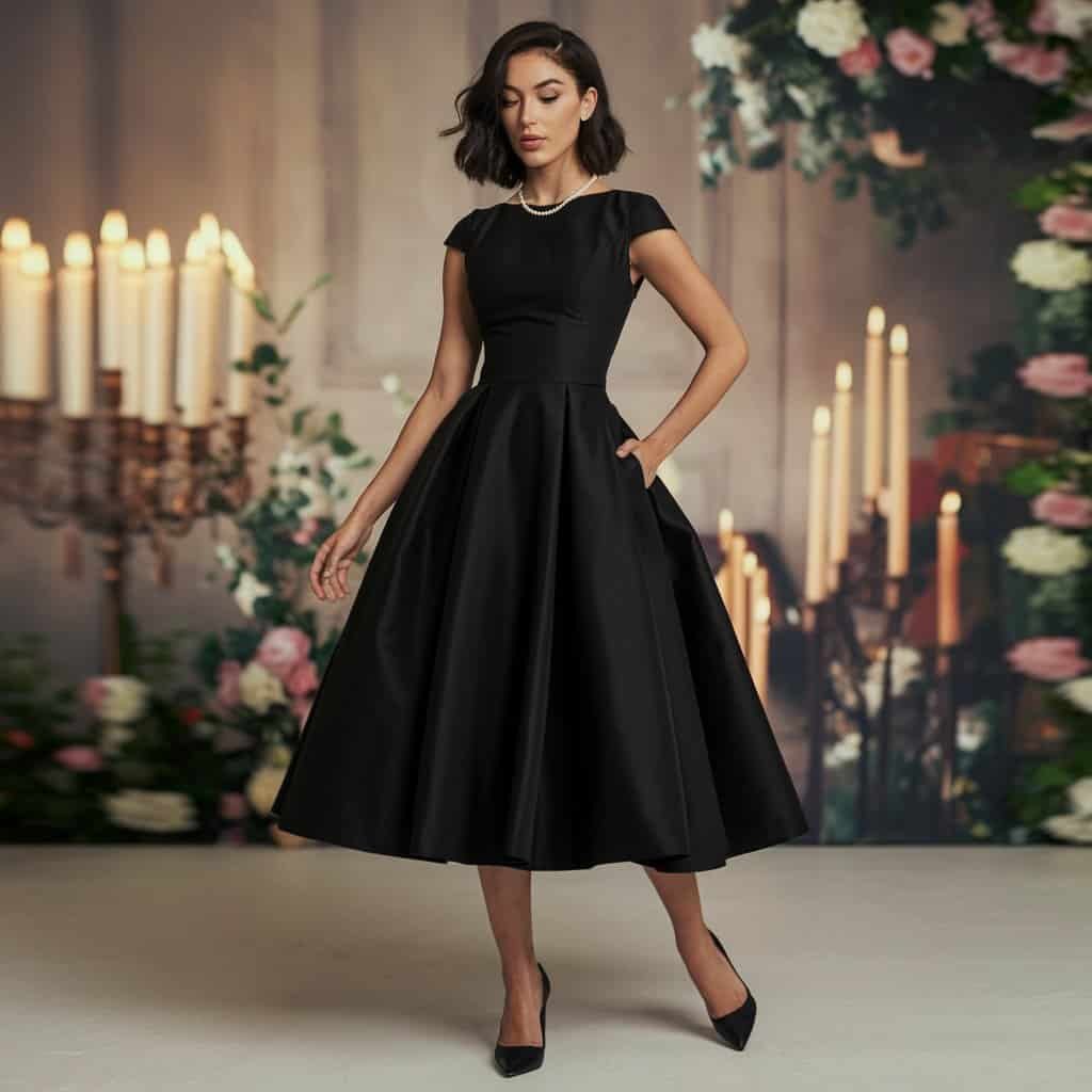 Model wearing Classic Black Beauty Flare Dress with sleek silhouette for an evening event