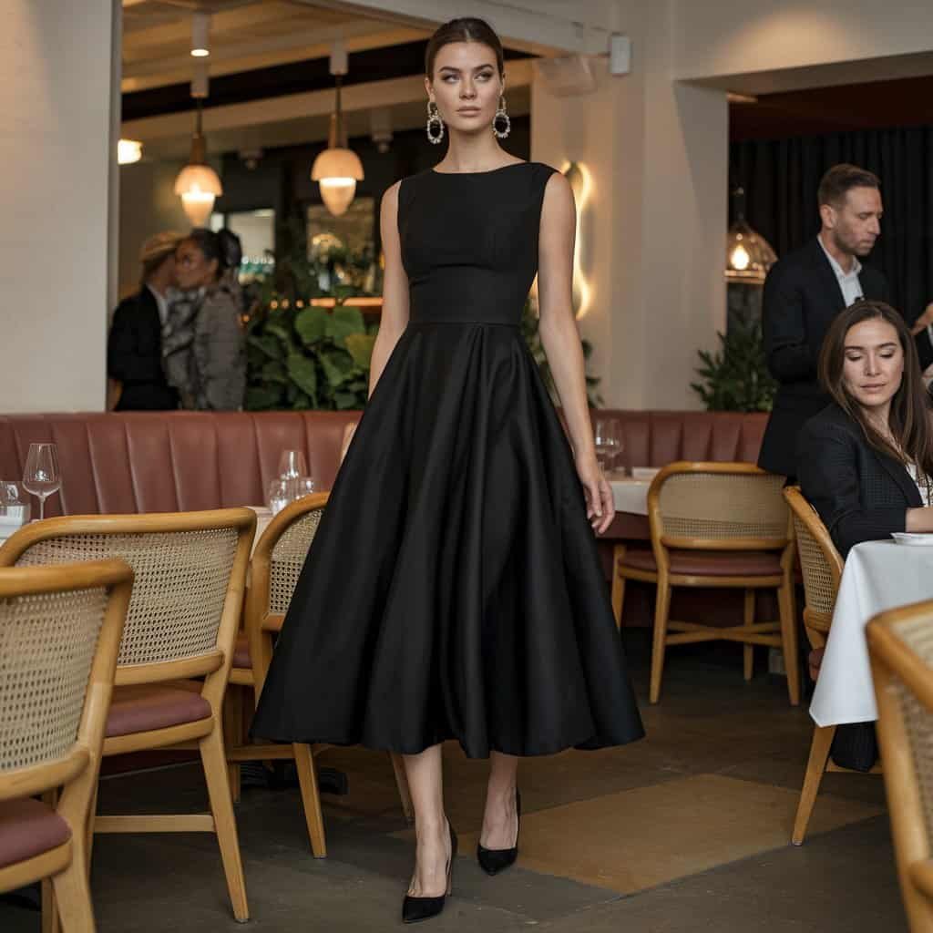 Classic Black Fit and Flare Dress styled with heels and statement jewelry, perfect for a polished, evening look