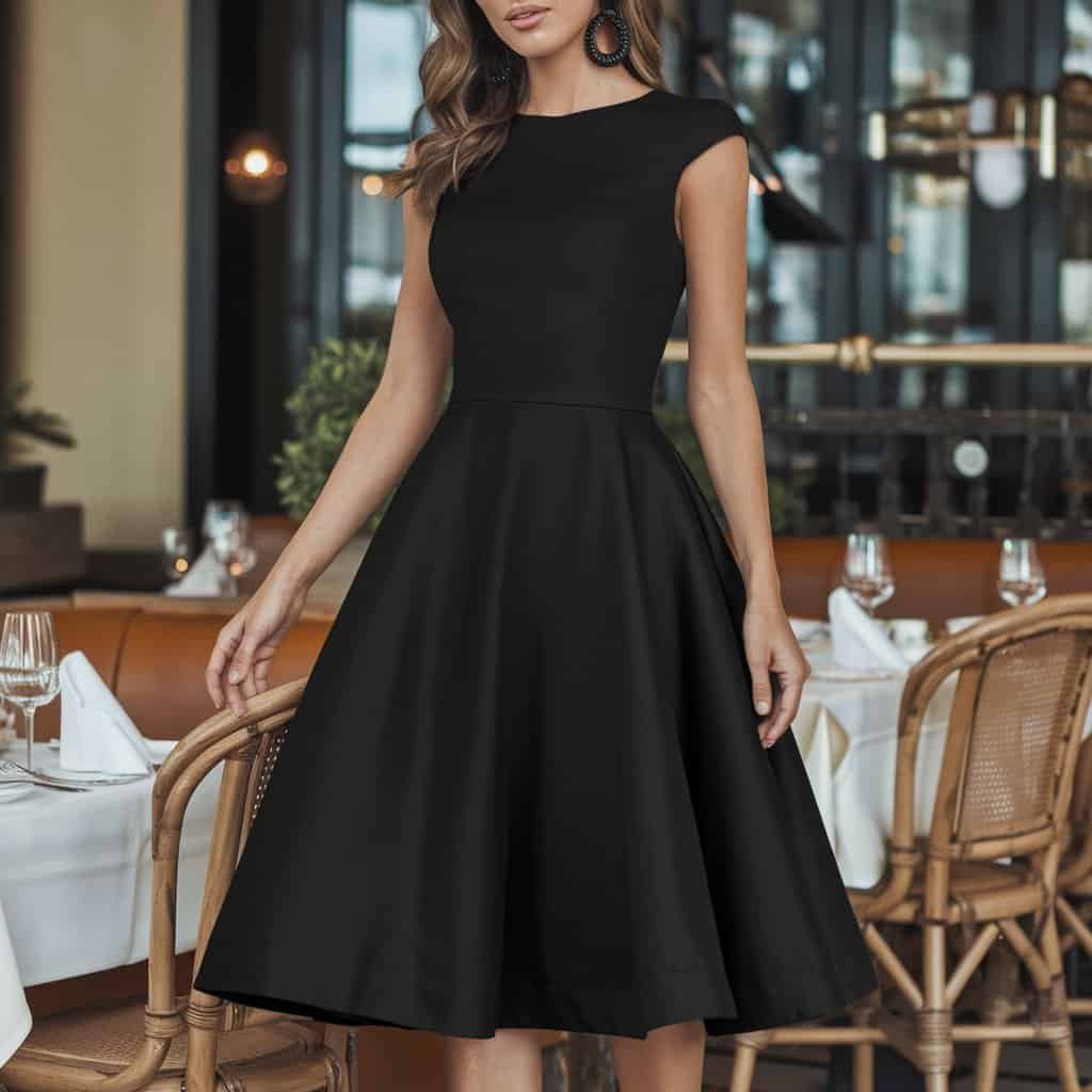 Close-up of the timeless black Fit and Flare Dress, perfect for dinner dates or evening events