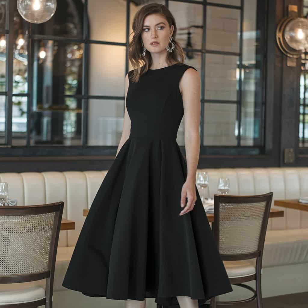 Elegant Fit and Flare Dress in classic black, transitioning from day to night with a leather jacket and sleek accessories