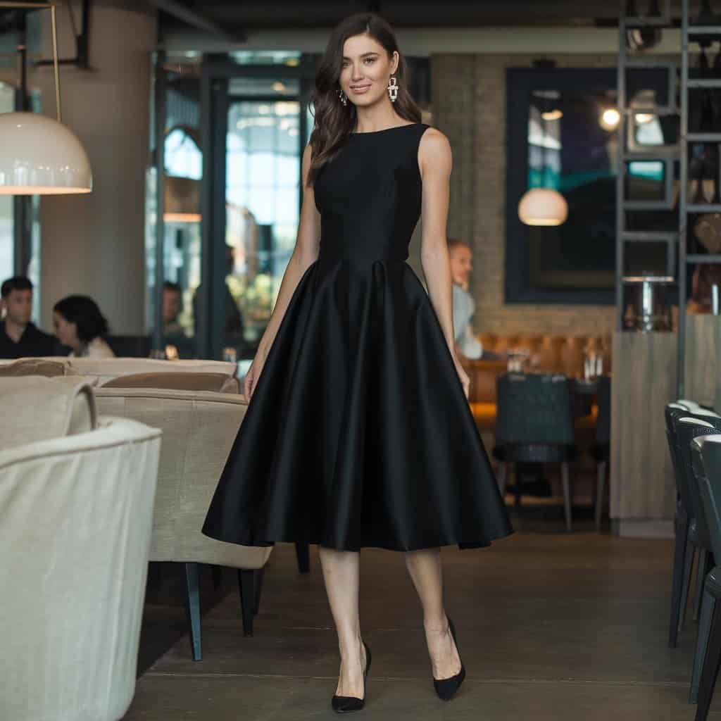 Model wearing a Classic Black Fit and Flare Dress for a sophisticated evening look, accessorized with statement jewelry