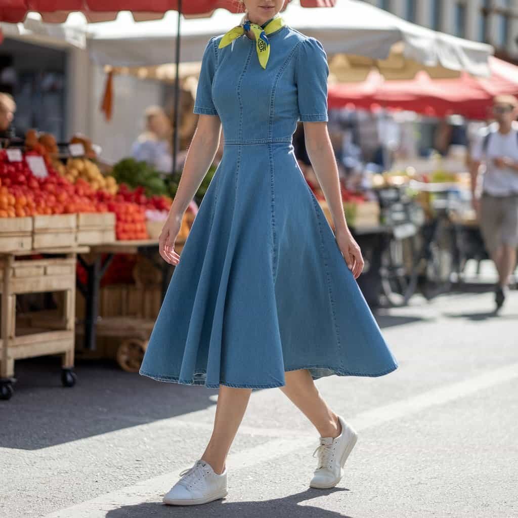 Fit and Flare Denim Dress with a relaxed, chic vibe, styled with sneakers for a laid-back day look.