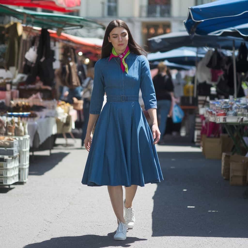 Close-up of denim fabric on a stylish Fit and Flare Dress, a casual yet fashionable choice for daytime wear