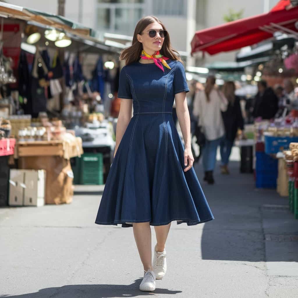Woman in a chic Denim Fit and Flare Dress, perfect for casual outings paired with white sneakers