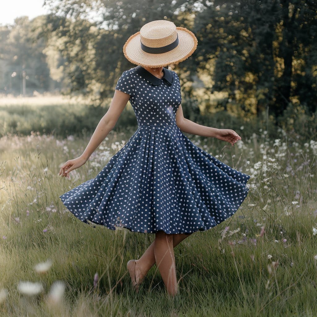 Charming Polka Dot Fit and Flare Dress styled with ballet flats for a cute retro-inspired summer look.