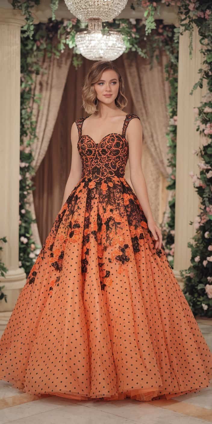 Close-up of three sexy women in luxurious prom dresses, featuring intricate beadwork and elegant silhouettes, in a glamorous ballroom setting