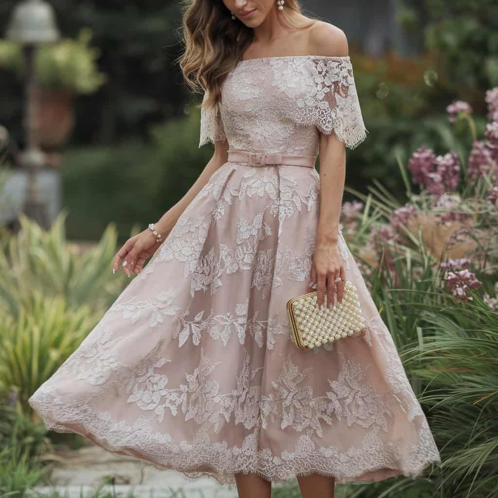 Model wearing an Off-the-Shoulder Lace Fit and Flare Dress, radiating elegance at a romantic event
