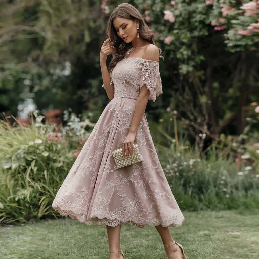 Delicate Off-the-Shoulder Lace Dress, a flattering Fit and Flare style perfect for elegant evenings or bridal parties