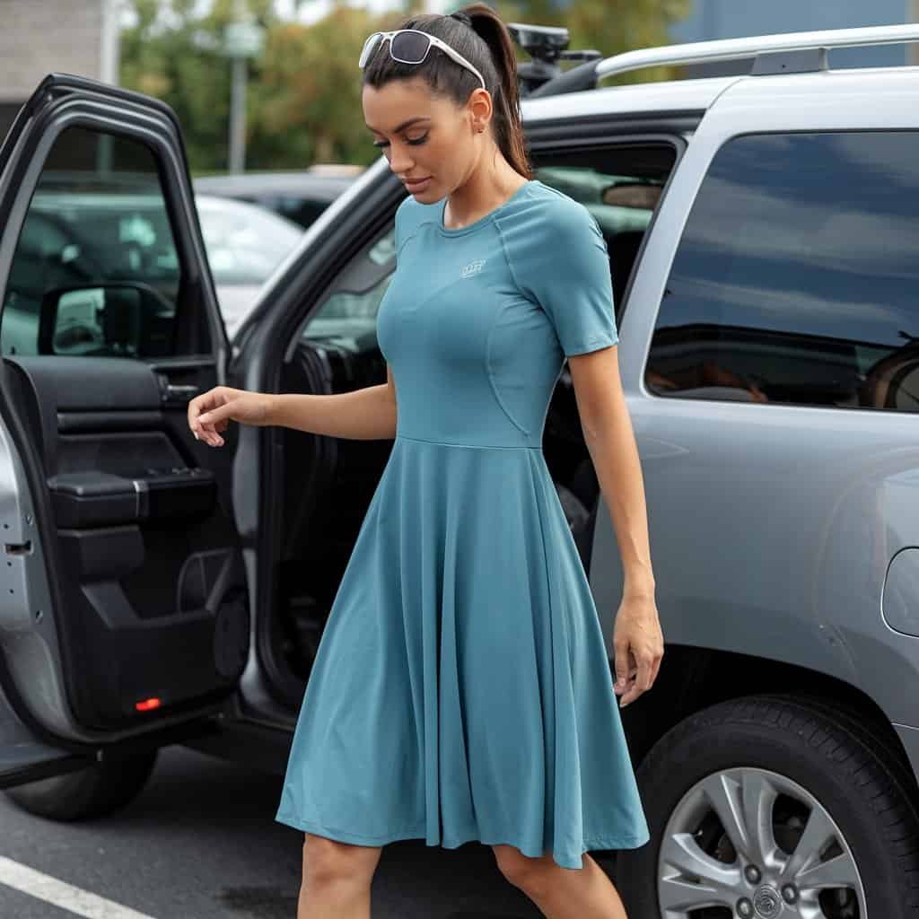Close-up of Sporty Midi Flare Dress fabric with relaxed fit and knee-length flared hemline.