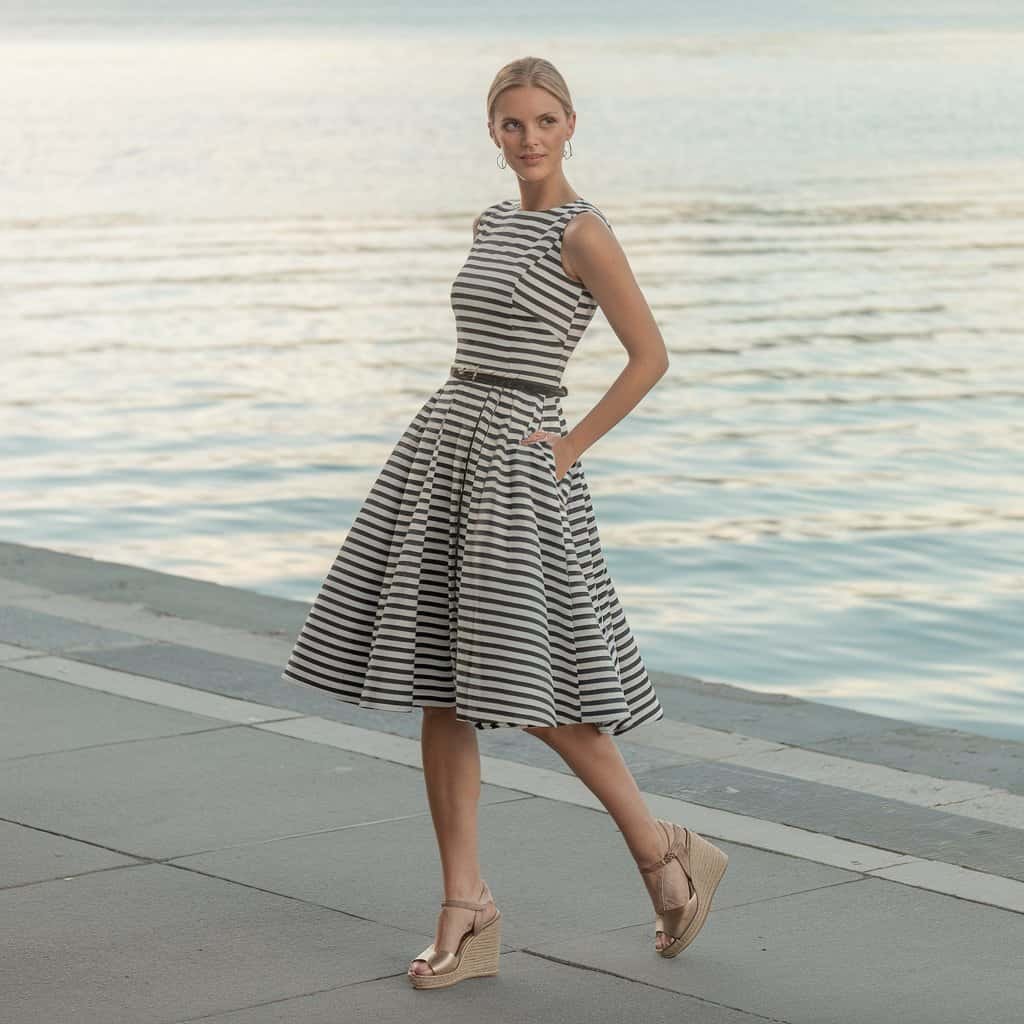 Striking Striped Fit and Flare Dress with a slim belt to cinch the waist, ideal for casual or semi-formal events