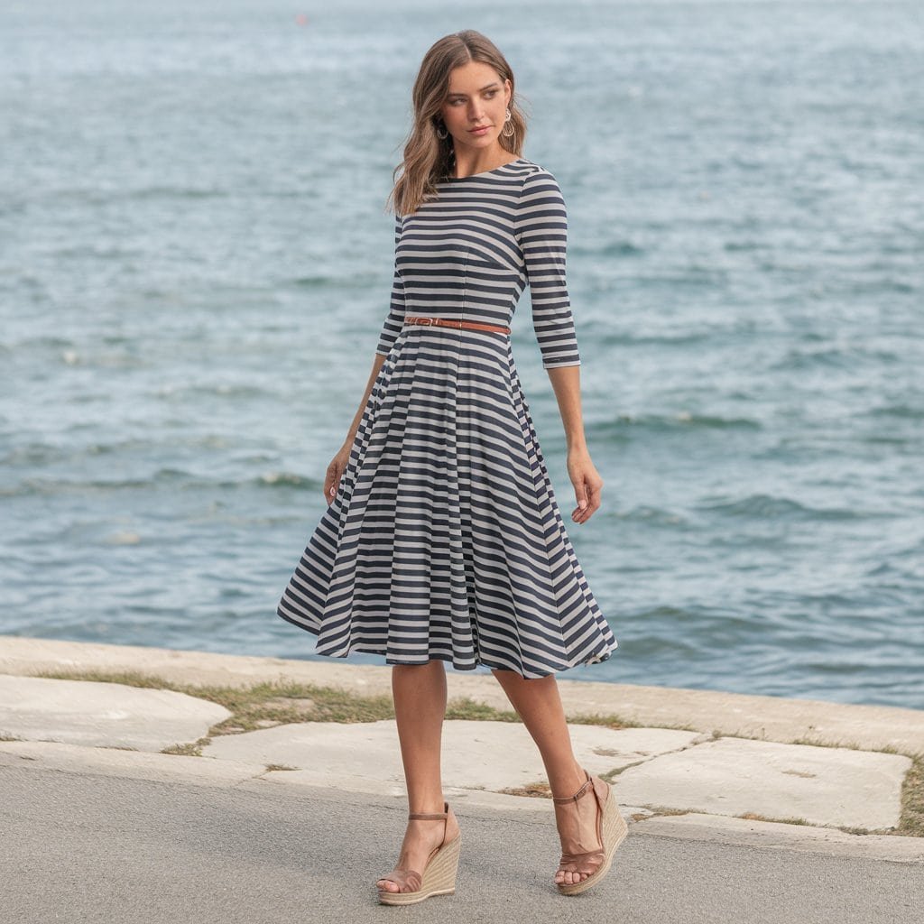 Close-up of a Striped Fit and Flare Dress, featuring slimming vertical stripes and a flattering silhouette