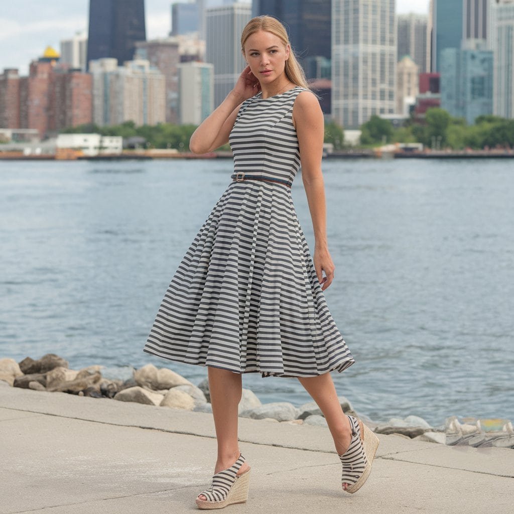 Woman in a Striped Fit and Flare Dress, elongating the body with vertical stripes, perfect for any shape