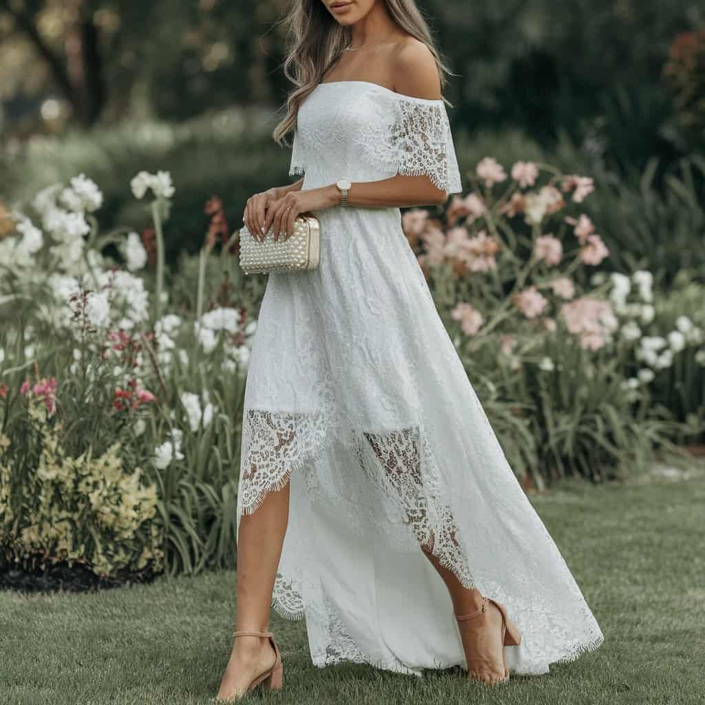 Romantic Off-the-Shoulder Lace Fit and Flare Dress, ideal for weddings or special occasions.