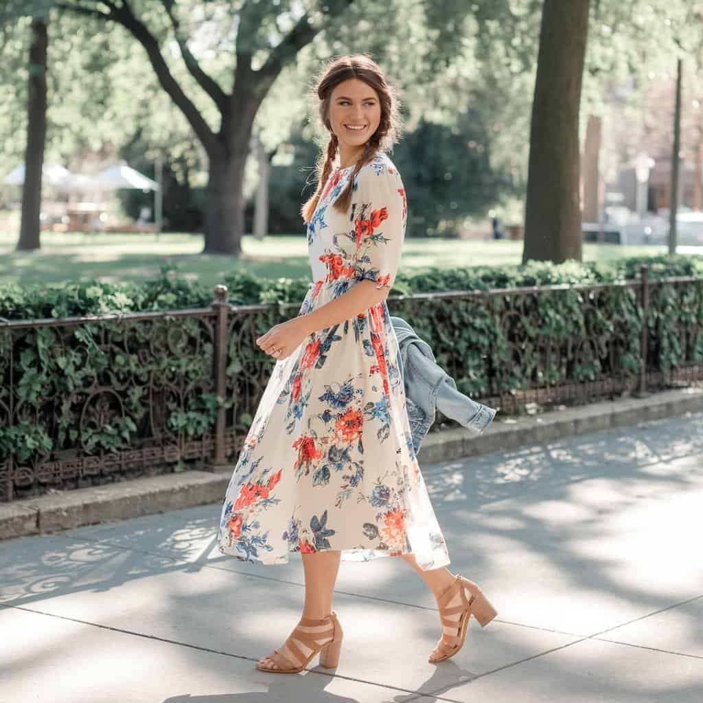 Close-up of the vibrant floral pattern on a Fit and Flare Dress, ideal for casual summer brunches