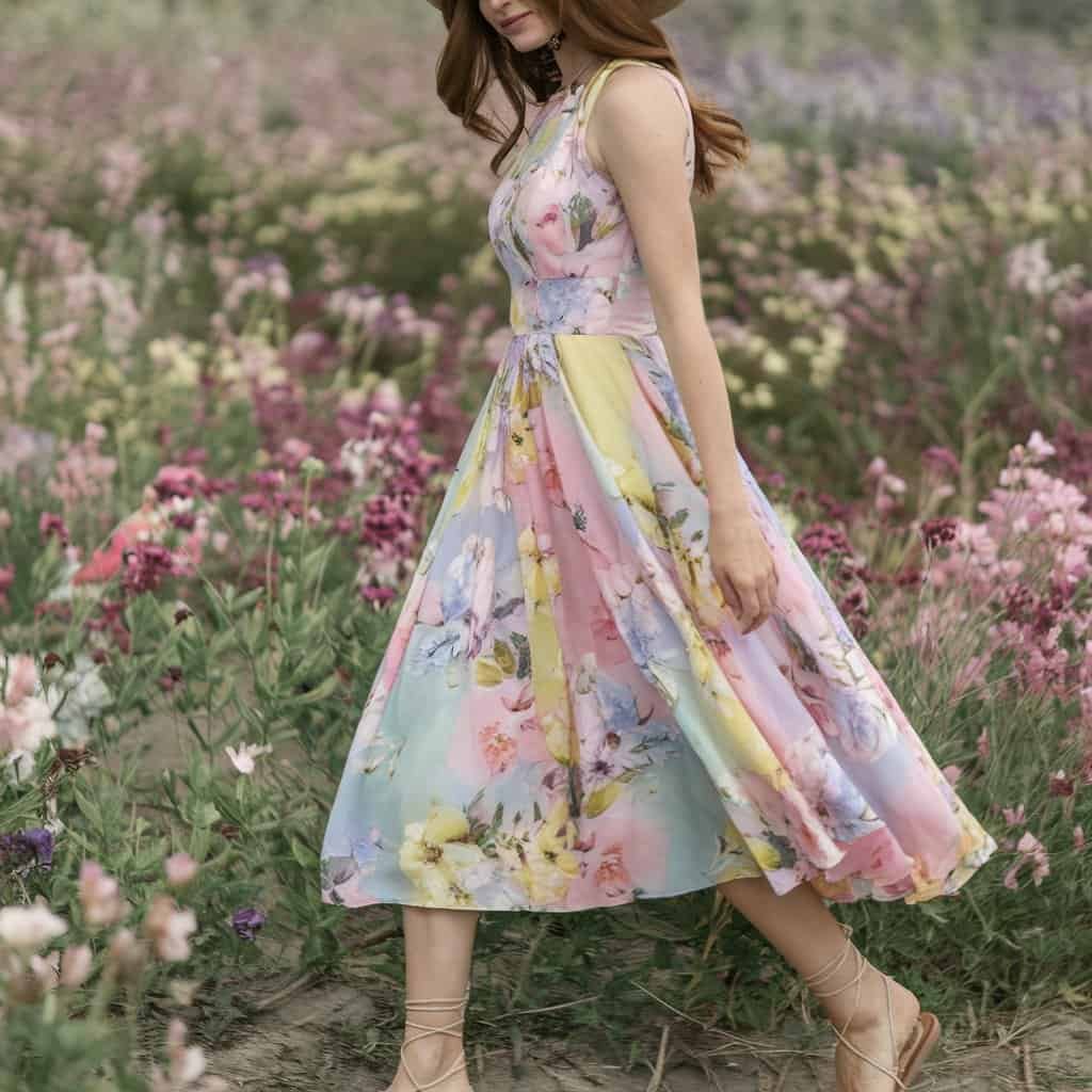 Woman in Floral Delight Flare Dress enjoying a spring garden with vibrant flowers and pastel tones.