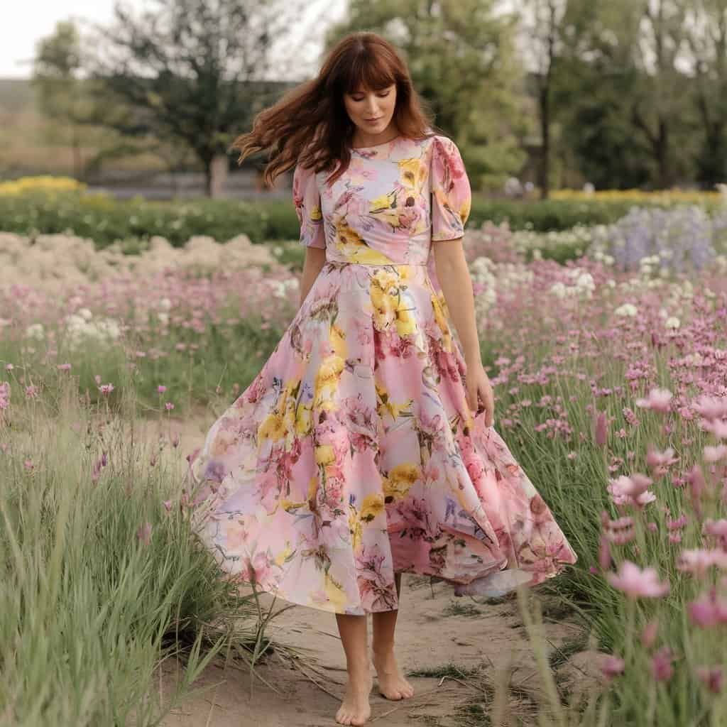 Elegant Floral Delight Flare Dress styled with sandals and sun hat for a spring day outing.