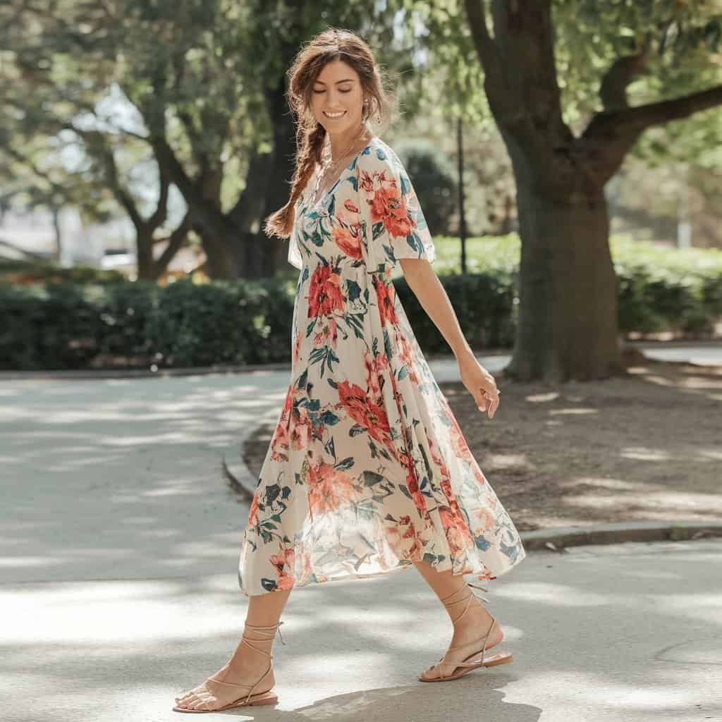 Fit and Flare Dress with bold floral prints, paired with strappy sandals for a stylish spring day look.