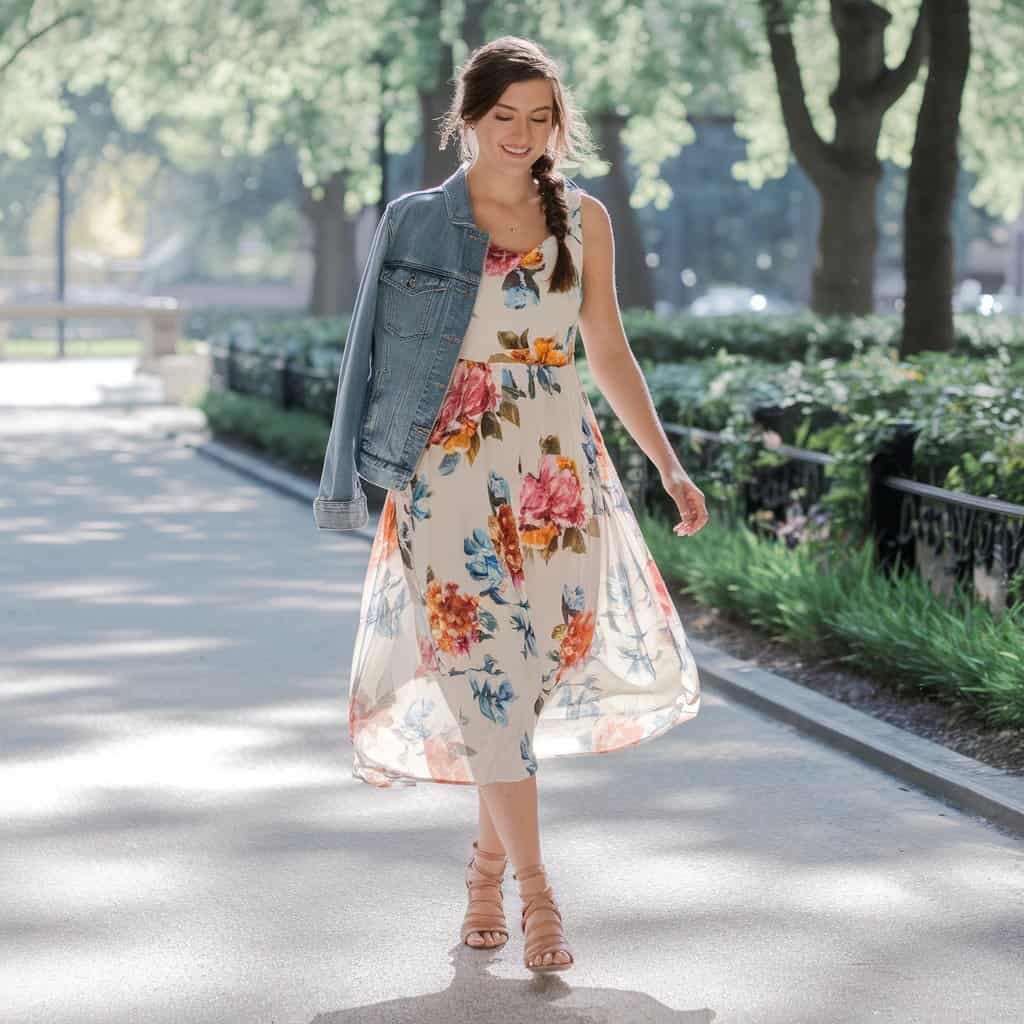 Woman in a cheerful Floral Print A-line Fit and Flare Dress walking through a sunny garden, perfect for spring outings