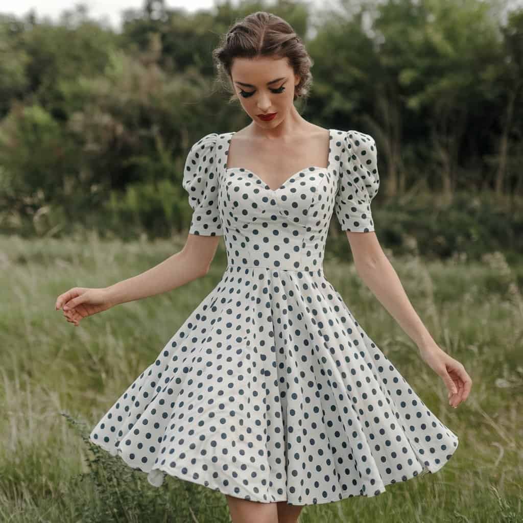 Model twirling in Retro Polka Dot Charm Flare Dress, showcasing nostalgic and fun design