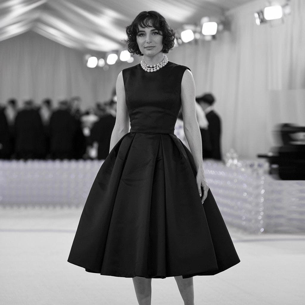 Elegant Classic Black Beauty Flare Dress paired with pearl necklace and high heels for formal wear.