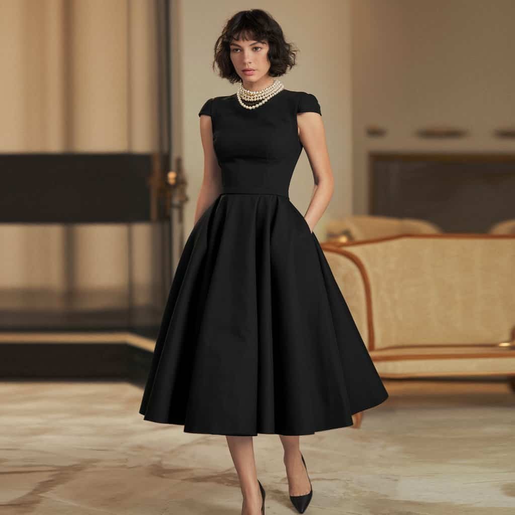 Timeless Classic Black Beauty Flare Dress styled for a casual dinner or gala evening