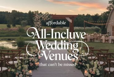 Affordable all-inclusive wedding venue featuring a beautiful outdoor ceremony space with lush greenery, floral accents, and soft lighting, ideal for a dream wedding.
