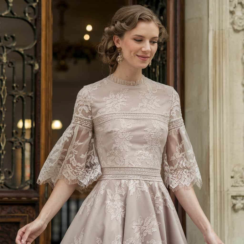 Detailed lace patterns and scalloped edges on the Elegant Lace Overlay Flare Dress