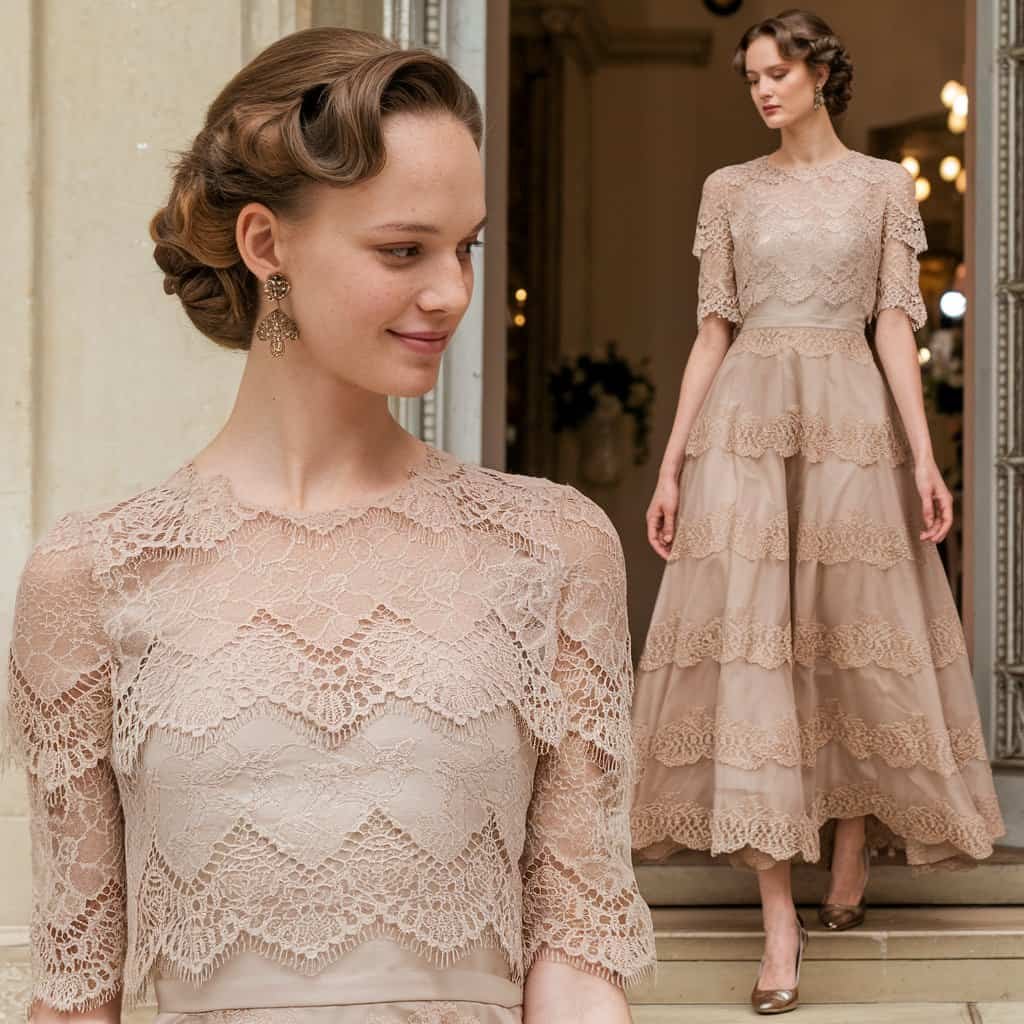 Woman in Elegant Lace Overlay Flare Dress styled for a wedding or formal dinner