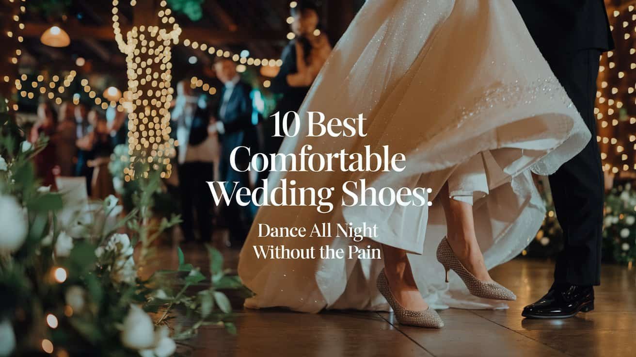 Close-up of a bride's Comfortable Wedding Shoes peeking under her gown as she twirls on the dance floor with her groom