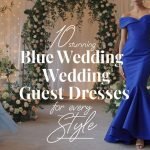 Three stylish women showcasing stunning blue wedding guest dresses, featuring a chiffon maxi, an off-the-shoulder gown, and a halter neck design, set against a romantic garden backdrop