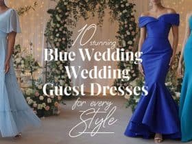 Three stylish women showcasing stunning blue wedding guest dresses, featuring a chiffon maxi, an off-the-shoulder gown, and a halter neck design, set against a romantic garden backdrop