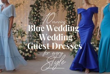 Three stylish women showcasing stunning blue wedding guest dresses, featuring a chiffon maxi, an off-the-shoulder gown, and a halter neck design, set against a romantic garden backdrop