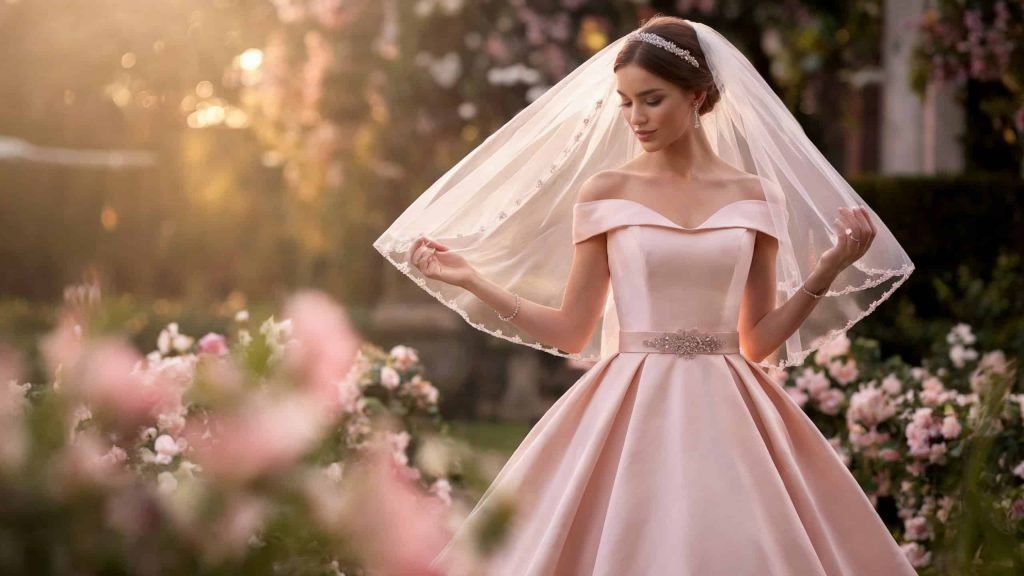 An ethereal image of a bride wearing a blush wedding dress, accentuated with a flowing pink veil edged with lace that cascades softly down her back. The dress is beautifully cinched at the waist with a blush satin sash, enhanced by a sparkling beaded belt that adds a touch of glamour. Set against a dreamy background of blooming flowers and twinkling fairy lights, the composition exudes romance and timeless elegance.
