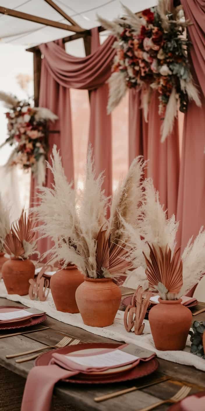 Beachside ceremony decorated with terracotta accents and dusty rose floral arrangements, showcasing earth tone wedding color ideas.