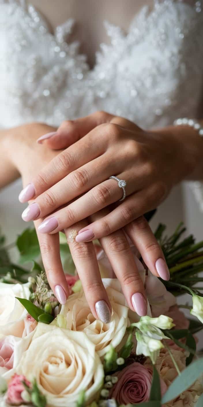 Elegant glitter gradient wedding nails incorporating gold or silver glitter, perfect for enhancing a chic bridal ensemble.