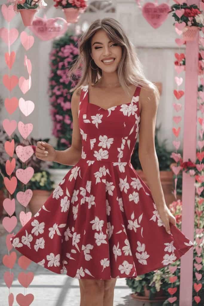 Playful Valentine's Day dress: Red floral skater dress with romantic print for daytime celebration