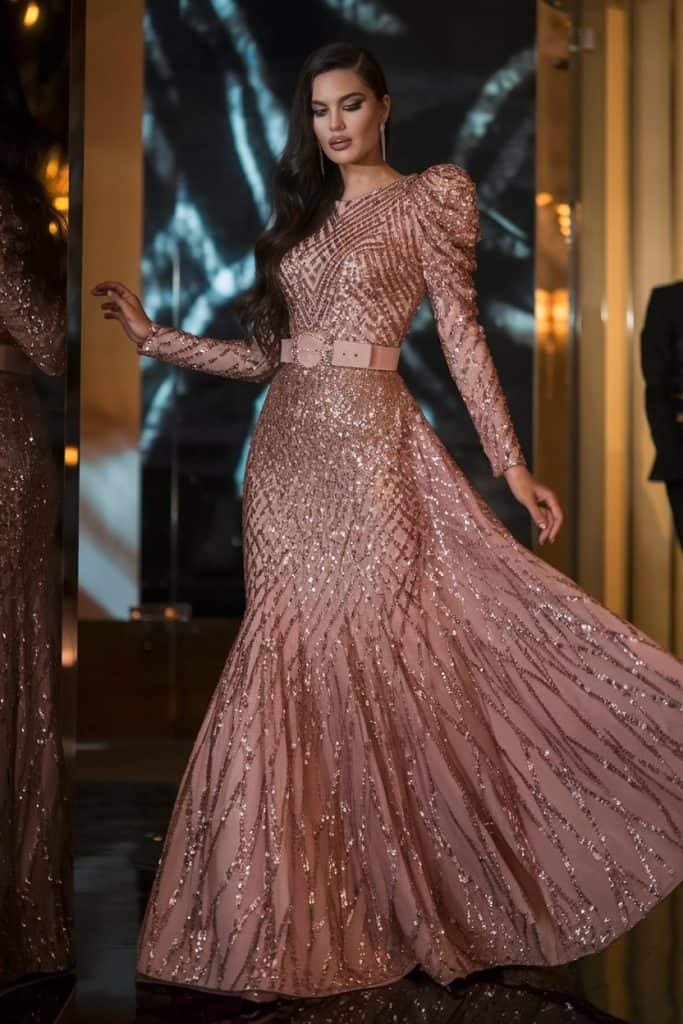 Glamorous Valentine's Day dress: Sparkling rose gold sequin gown for romantic evening celebration